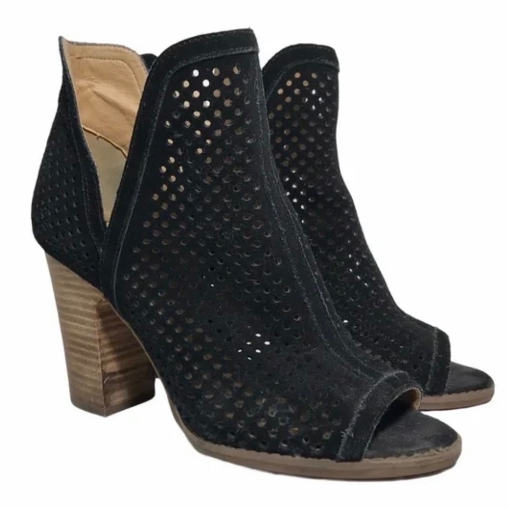 LUCKY BRAND Larise Black Perforated Suede Peep Toe Ankle Boots Booties